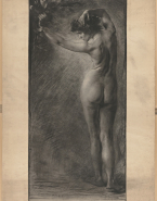 Femme nue vue de dos, feuillage dans la main gauche tendue. Sibylle