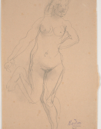 Femme nue de face, en appui sur une jambe, une main derrière le dos