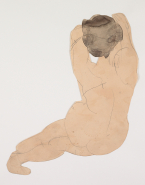 Femme nue assise, vue des dos, les bras relevés autour du visage