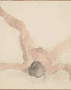 Femme nue sur le dos, vue en raccourci, bras et jambes écartés