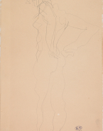 Femme nue debout, de dos, vers la gauche, mains aux hanches