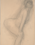 Femme nue de profil à droite, les mains aux genoux