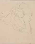 Femme nue allongée sur le flanc vers la gauche appuyée sur un avant-bras
