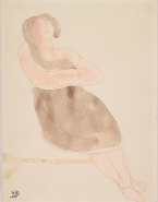 Femme vêtue, assise vers la droite, bras et jambes croisées