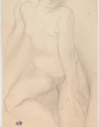 Femme nue assise de face, une jambe repliée, la main gauche sur la cuisse gauche