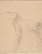 Femme nue de profil à droite, une jambe tendue vers l'arrière, les mains au sol
