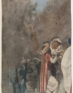 Scène orientale à plusieurs personnages dont un homme soutenant une femme et son enfant ; Paysage avec pyramide (au verso)