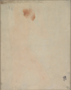 Femme nue, un genou plié, les mains au-dessus de la tête