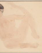 Femme nue assise vers la droite, une main entre les jambes écartées