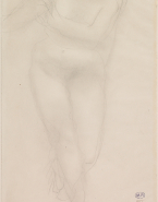 Femme nue debout, de face, un pied en retrait, les bras vers la gauche