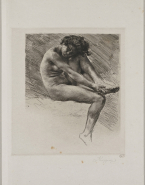Jeune fille assise, nue et le talon gauche dans la main