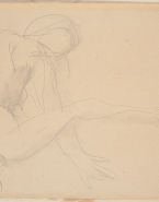 Femme nue accroupie, de dos, en appui sur les mains, une jambe tendue vers la droite
