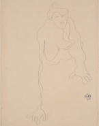 Femme nue de face, sur le ventre et appuyée sur les avant-bras