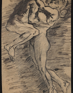 Femme nue de profil soulevant un homme nu aux jambes repliées