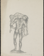 Homme nu de dos portant une femme nue en travers sur ses épaules