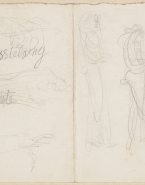 Six silhouettes ; Nu, lion de profil, socle, lutte d'un homme et d'un lion (Hercule ?), femme drapée, une pique à la main (Athéna ?) (au verso)