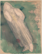 Femme drapée, mains aux épaules, vue en diagonale