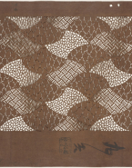 Pochoir : motifs de filet de pêcheur et de galets dans des losanges cintrés avec des motifs d'écorces de pin en losange dans des éventails
