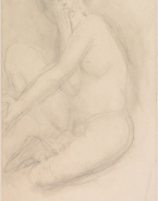 Femme nue assise, une main sur la bouche et un bras devant elle