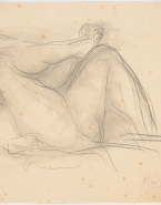 Femme nue allongée sur le dos, vers la droite, maintenant un talon sur une jambe repliée