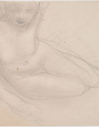 Femme nue assise vers la droite, jambes repliées, appuyée sur un avant-bras