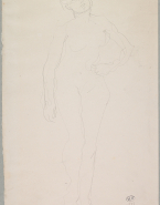 Femme nue debout, de face, un poing à la hanche