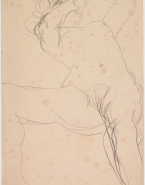 Femme nue sur le dos, jambe ouverte, mains sur la bouche