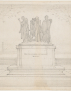 Le monument des Bourgeois de Calais sur son socle pour les jardins du Parlement à Londres ; Emplacement du monument dans les jardins du Parlement à Londres (au verso)