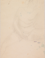 Femme nue assise et de face, une main entre les jambes écartées