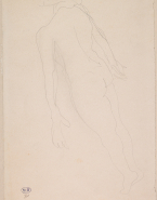 Femme nue, debout, de trois-quarts vers la gauche, dressée en diagonale sur la pointe des pieds
