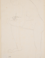 Femme nue debout, de profil, écrivant sur son genou droit