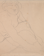Femme nue assise, de profil vers la droite, les mains croisées sur les jambes