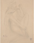 Femme nue assise un vêtement sur les épaules, le pied gauche ramené sur le genou droit