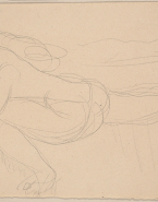 Femme nue de profil, accroupie sur une jambe, les mains au sol, une jambe tirée vers l'arrière