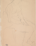 Femme nue assise vers la droite, les mains sur une cuisse