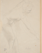 Femme nue penchée en avant, un bras tendu vers la droite