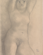 Femme nue aux bras levés et vue à mi-cuisses