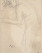 Femme nue debout, de profil à gauche, les mains en avant