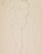 Femme nue debout vers la droite, mains aux hanches