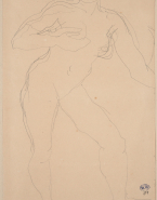 Femme nue debout tournée vers la droite, une main au sein