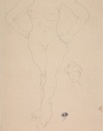 Femme nue debout, de face, poings aux hanches