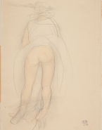 Femme vue de dos, à quatre pattes, le vêtement retroussé jusqu'aux hanches
