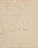 Femme nue sur le dos, bras et jambes repliés vers la droite