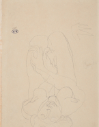 Femme nue agenouillée de face, penchée en avant et les poignets croisés