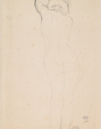 Femme nue debout, de dos, un bras sur la tête