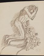 Femme nue agenouillée devant un buisson de roses