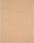 Homme nu, barbu, de profil à droite, jambe haute, bras tendus