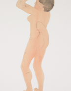 Femme nue, de trois-quarts dos, un bras replié vers le visage