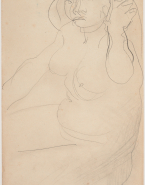 Femme nue assise vers la gauche, une main à la chevelure
