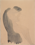 Femme nue assise, de profil et lisant, un vêtement sur les épaules